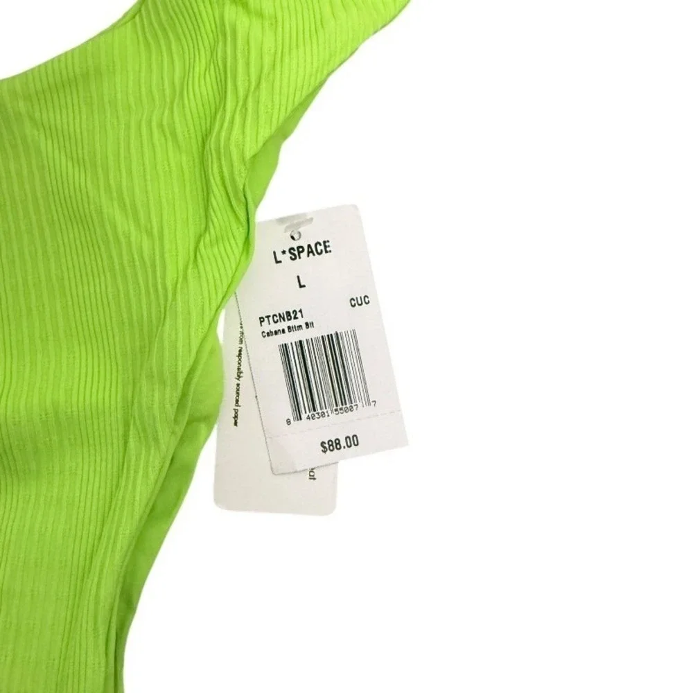 L*SPACE Cucumber Green Cabana Bikini Bottom Ribbed High-Leg Large L NWT‎